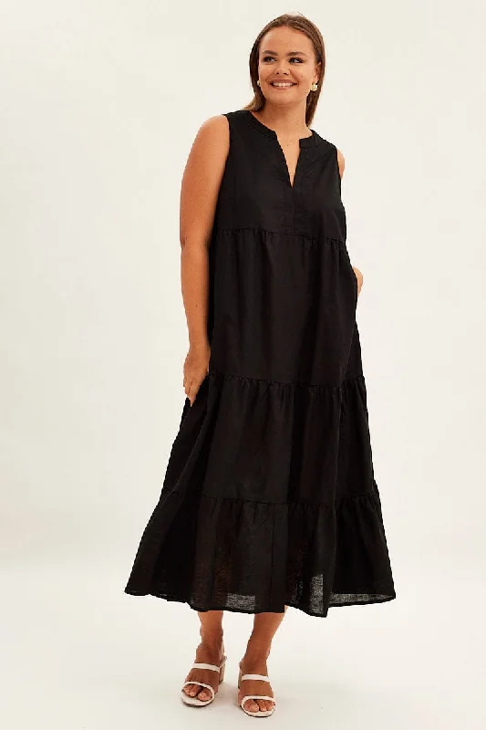 Crazy Deals Black Maxi Dress Sleeveless Tiered Linen Blend