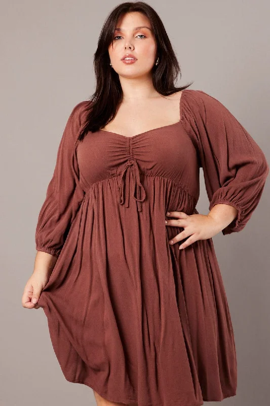 Take Advantage Brown Crinkle Ruched Drawstring Mini Dress