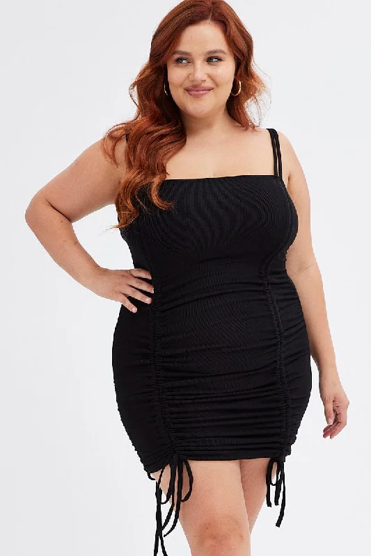 Massive Deals Black Bodycon Dress Sleeveless Ruched Rib