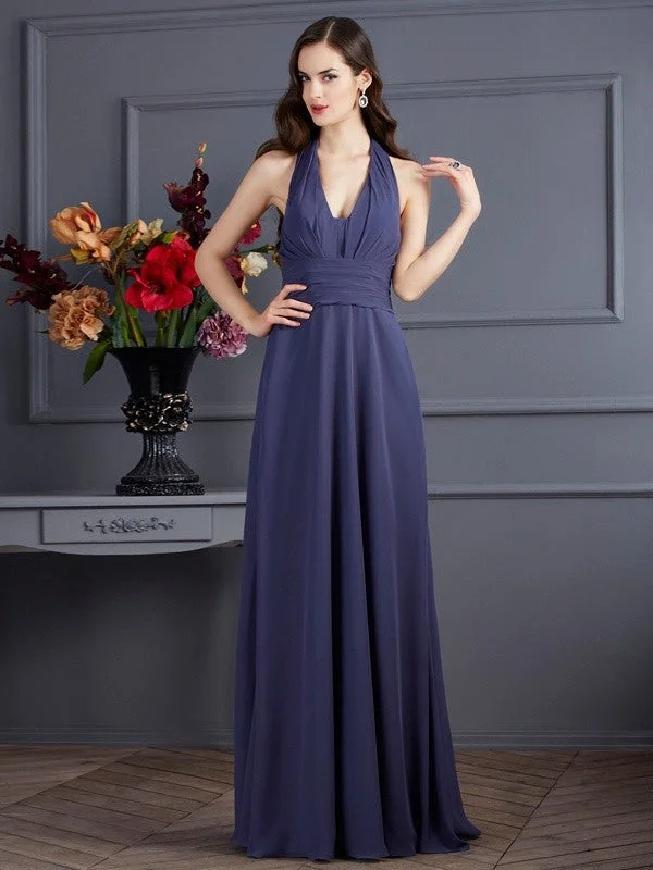 Best Bargains A-Line/Princess Halter Sleeveless Pleats Long Chiffon Dresses