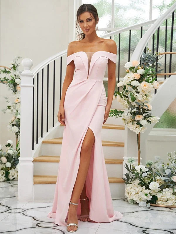 Quick Sale Sheath/Column Stretch Crepe Ruched Off-the-Shoulder Sleeveless Sweep/Brush Train Bridesmaid Dresses