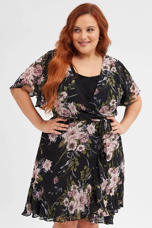 Special Price Black Floral Fit And Flare Dress Short Sleeve Wrap