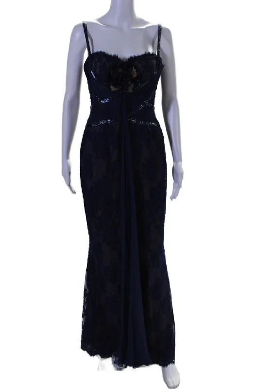 Super Sale Zuhair Murad Womens Back Zip Beaded Lace Sweetheart Gown Navy Blue