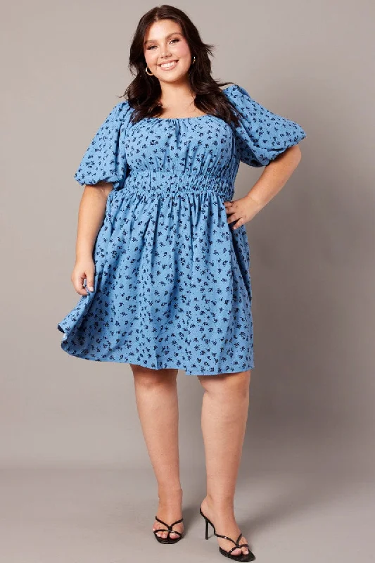 Super Savings Blue Ditsy Puff Skater Dress