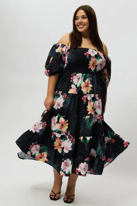 Savings Bonanza Black Floral Maxi Dress Short Sleeve Shirred