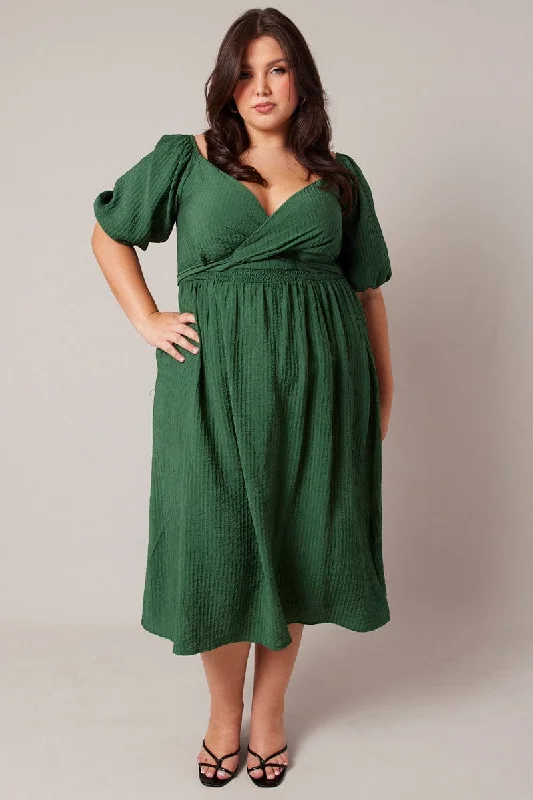 Mega Sale Green Midi Dress Textured Wrapover Elastic Waist Detail