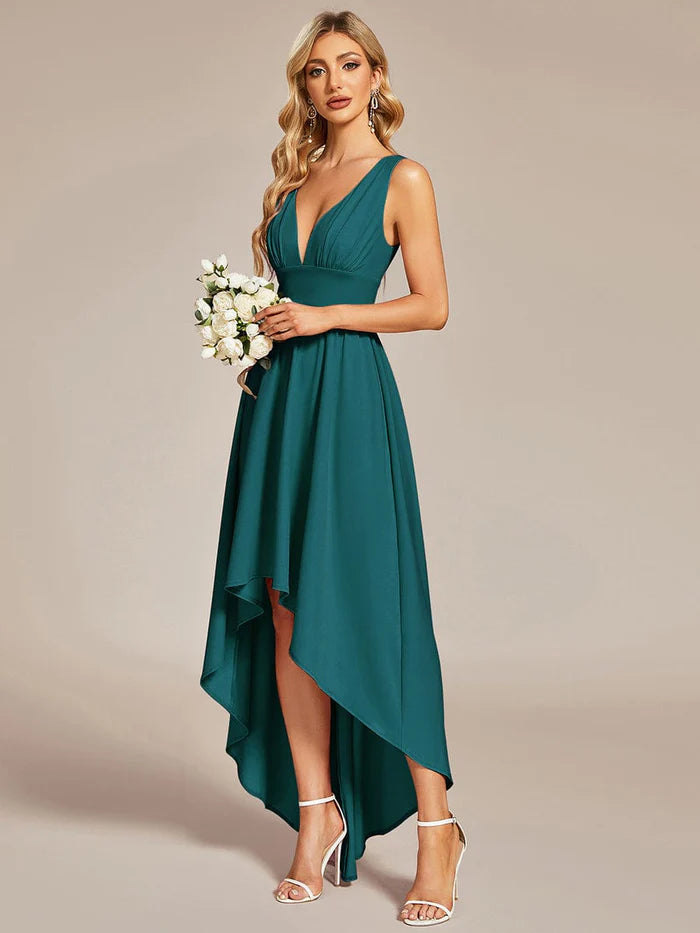 Mega Deal Deep V-Neck High-Low Sleeveless A-Line Wedding Guest Dress