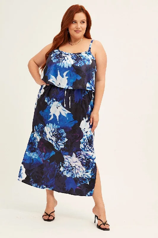 New Deals Blue Abstract Midi Dress Sleeveless Side Split Satin