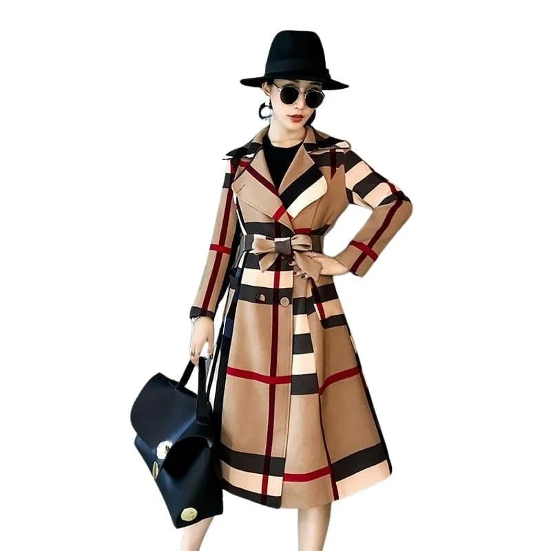 Friends and Family Sale VROSE Design Women's Fine Fashion Vintage Brown Khaki Plaid Elegant Luxury Designer Coat Jacket