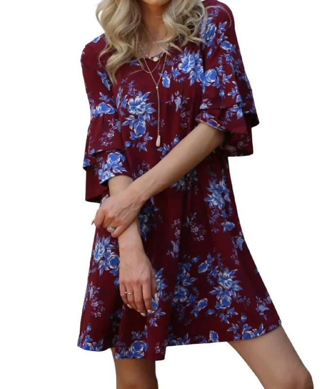 Members Only Floral Double Ruffle Sleeve Dress In Plum