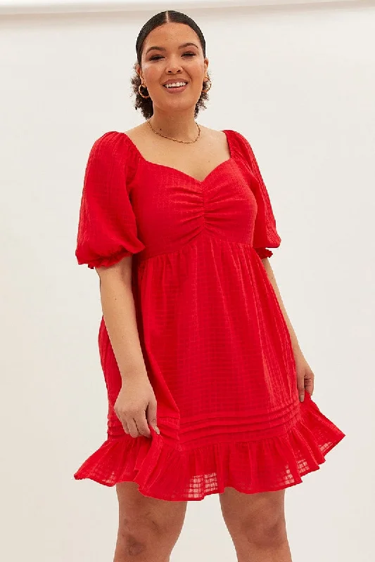 Hot Deal Red Fit And Flare Dress Short Sleeve Sweetheart Neck