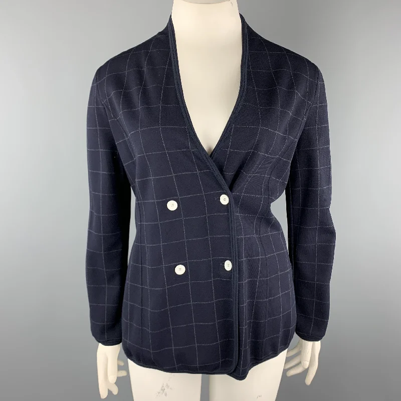 Limited Availability GIORGIO ARMANI Size 12 Navy Windowpane Double Breasted Cardigan Jacket