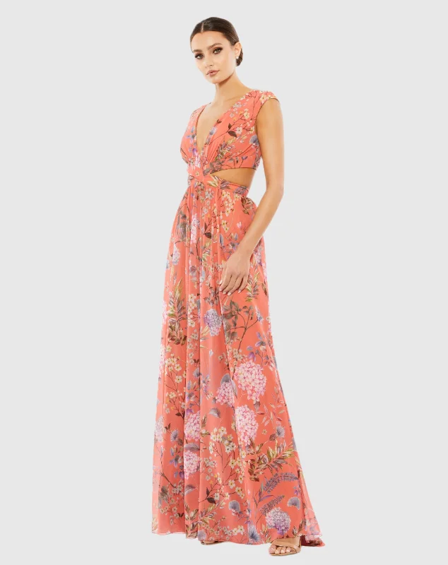 Can't Miss Cut Out Cap Sleeve V Neck Gown