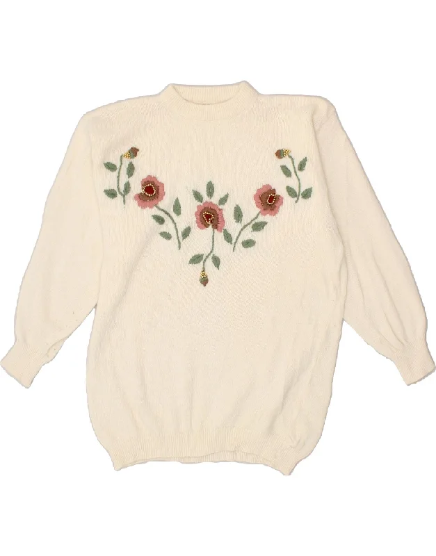 Daily Deals VINTAGE Womens Graphic Crew Neck Jumper Sweater UK 14 Medium Off White