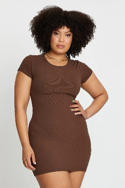 Buy More, Save More Brown Short Sleeve Green Rib Basic Dress