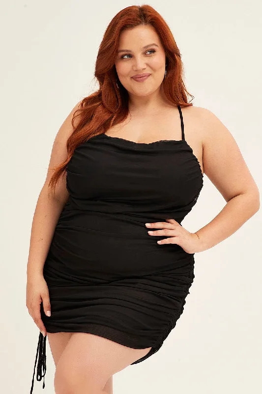 Weekend Flash Sale Black Mini Dress Cross Back Ruched Bodycon Mesh