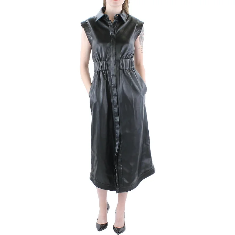 Limited Quantity Nima Womens Vegan Leather Collared Shift Dress