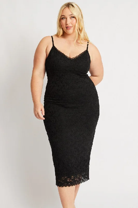 Online Only Black Lace Bodycon Midi Dress