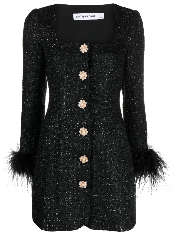 Buy Now Black Boucle Feather Mini Dress