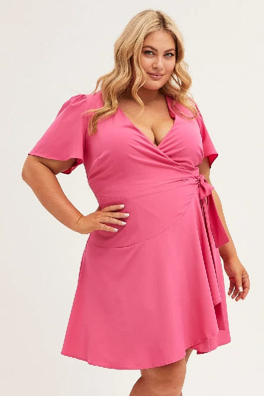 Super Deal H Pink Wrap Dress Short Sleeve Mini