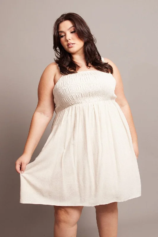 The Best Prices Beige Shirred Bodice Shoestring Strap Minidress