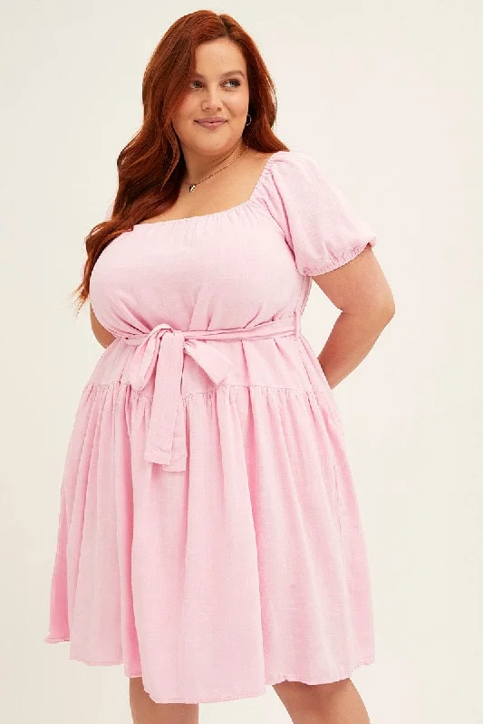 Don't Wait Pale Pink Mini Dress Short Sleeve Scoop Neck Linen Blend