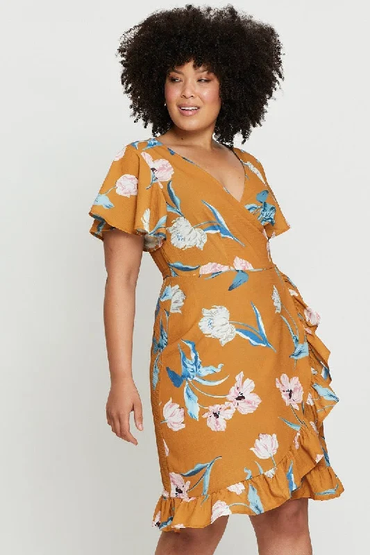 Clearance Event Floral Print Skater Dress V-neck Short Sleeve Ruffle
