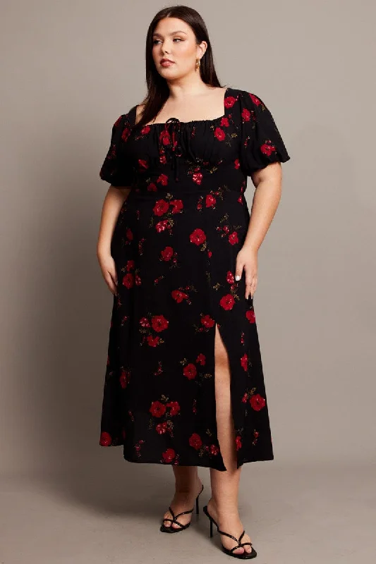 Can't Miss Black Ditsy Midi Dress Short Sleeve Ruched Bust