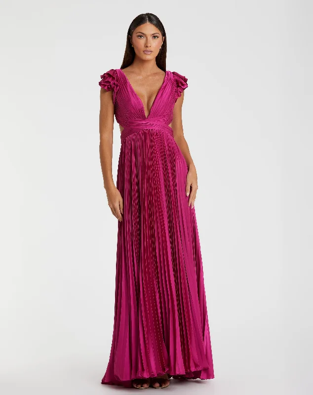 Incredible Offers Purple Pleated Ruffled Cap Sleeve Cut Out Lace Up Gown
