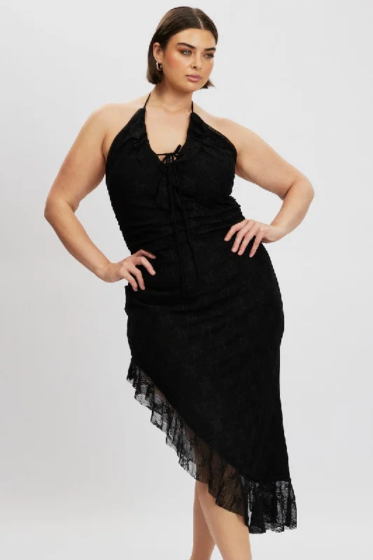 Savings Event Black Asymmetric Lace Bodycon Dress