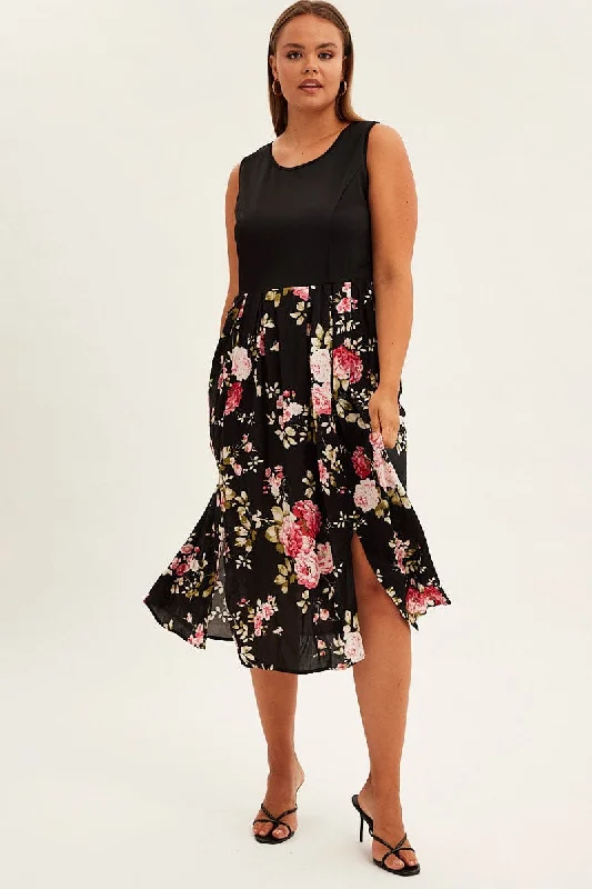 Crazy Savings Print Cream Print Sleeveless Plain Bodice Long Dress