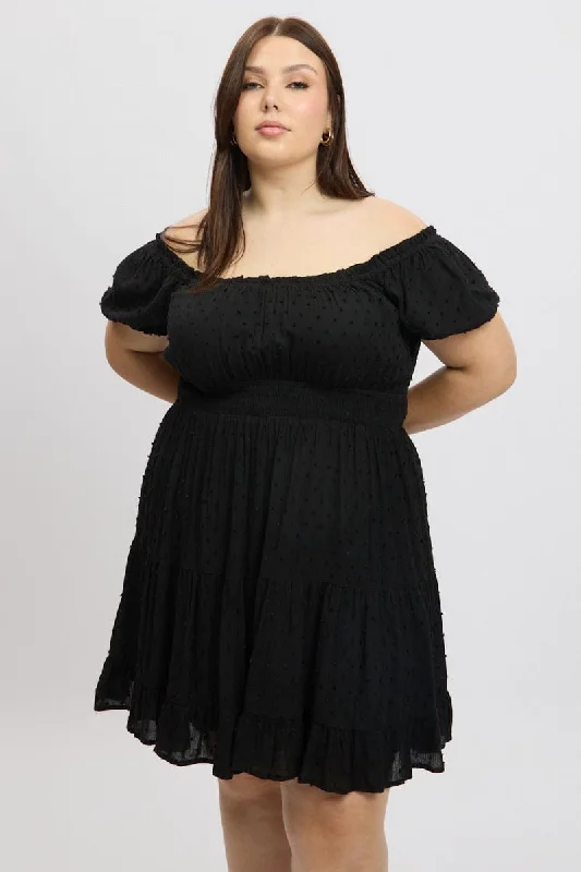 Price Blitz Black Crinkle Rayon Blend Tiered Minidress