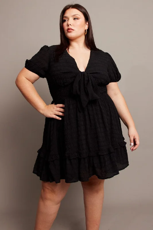 Blowout Sale Black Tie Front Textured Frill Hem Minidress