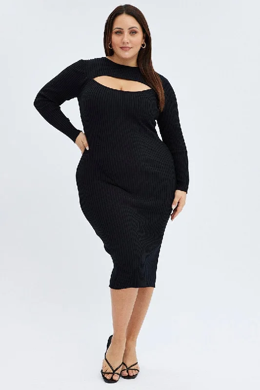 Fantastic Offers Black Knit Dress Midi Long Sleeve