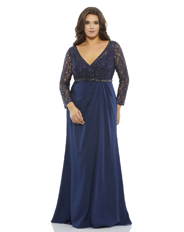 Closeout Lace Illusion Long Sleeve V-Neck Draped Gown (Plus)