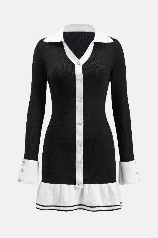 Weekend Deal Contrast  Knit Ruffle Button Bell Sleeve Dress