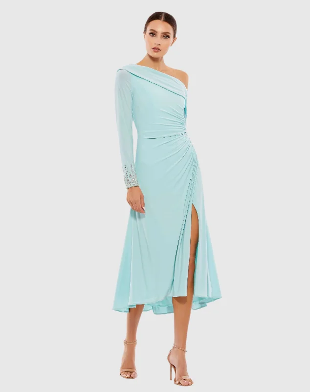 Deal Mania Light Blue Foldover Long Sleeve Jeweled Midi Dress