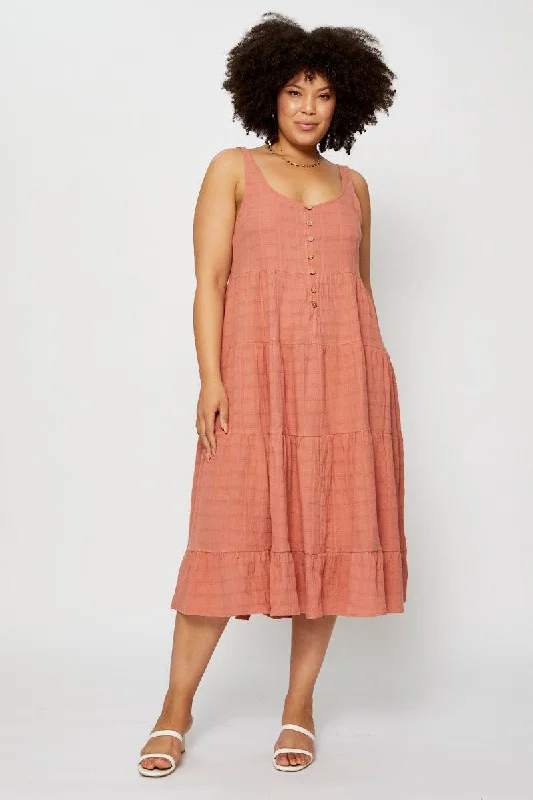 Seasonal Clearance Pink Midi Dress Square Neck Sleeveless Button