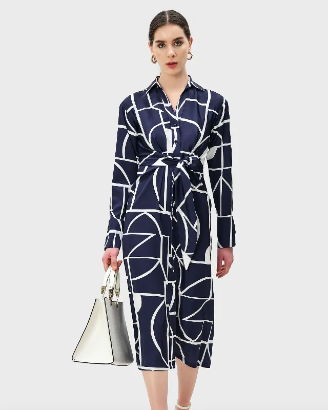 Warehouse Sale Graphic Print Satin Vented Shirtdress | Deep Navy