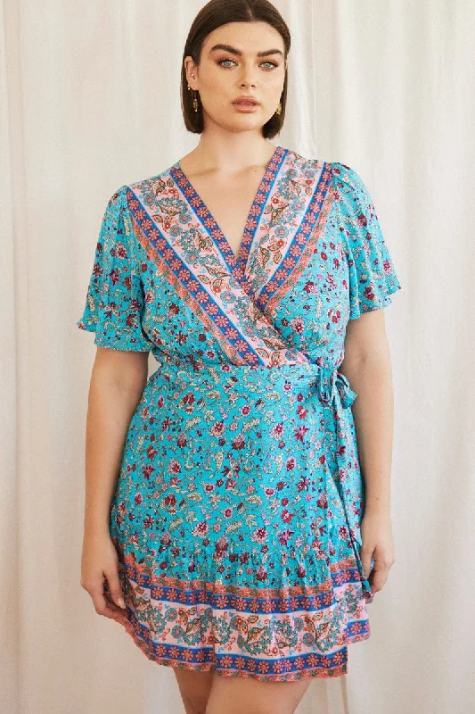 Discount Deals Blue Boho Wrap Dress Short Sleeve V-neck