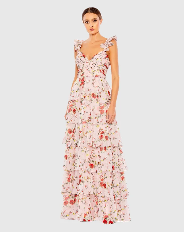 Hurry In Ruffled Sleeveless Draped Tiered Floral Print Gown