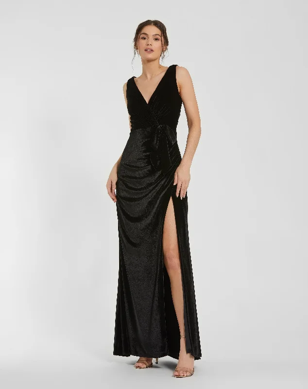 Super Deal Deep V High Slit Draped Velvet Fitted Gown