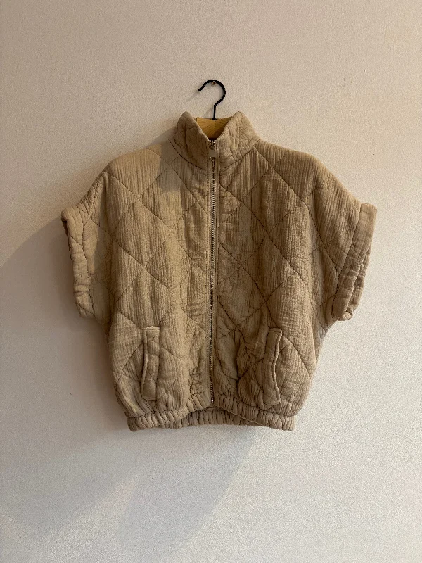 Year-End Sale Ecru Cropped Sleeve Quilted Bomber Jacket