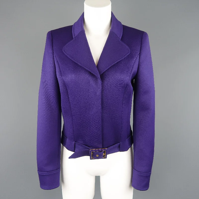 Stock Clearance ESCADA Size 4 Purple Cropped Pointed Lapel Belted Jacket