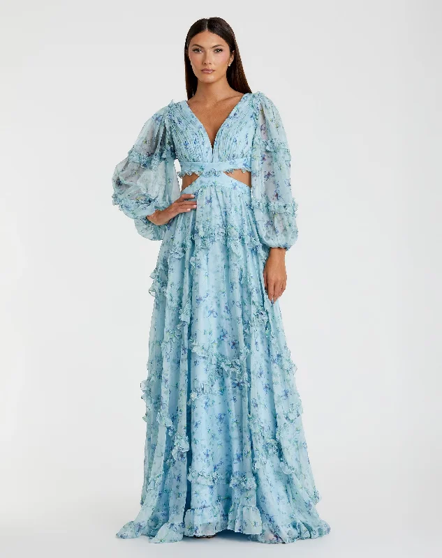 Deal Frenzy Ruffle Tiered Floral Cutout Long Sleeve Gown