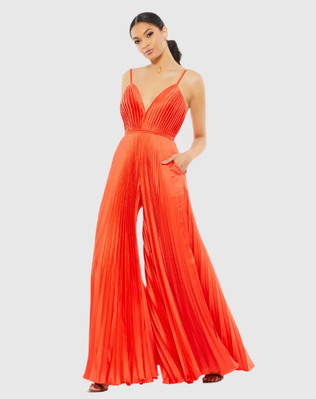 Grand Opening Sale Orange Pleated Plunge Neck Wide Leg Jumpsuit