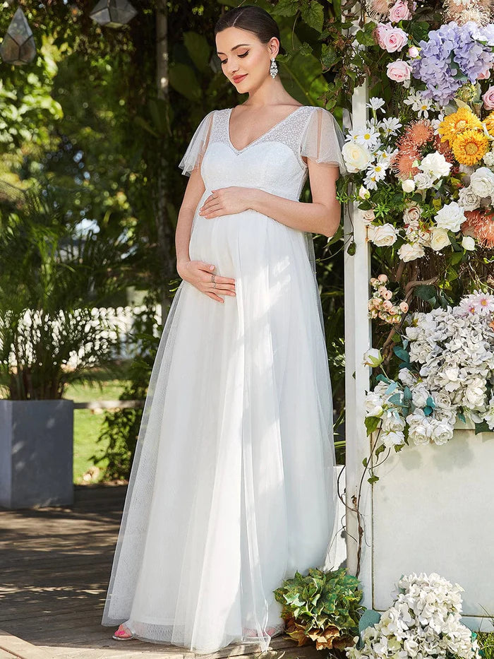 Must-Have Deals Sheer Flutter Sleeve V-neck Maxi Maternity Dress