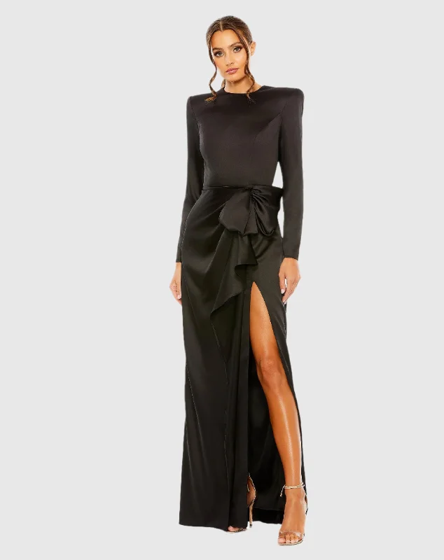 Online Only Black Long Sleeve Structured Bow Draped Gown